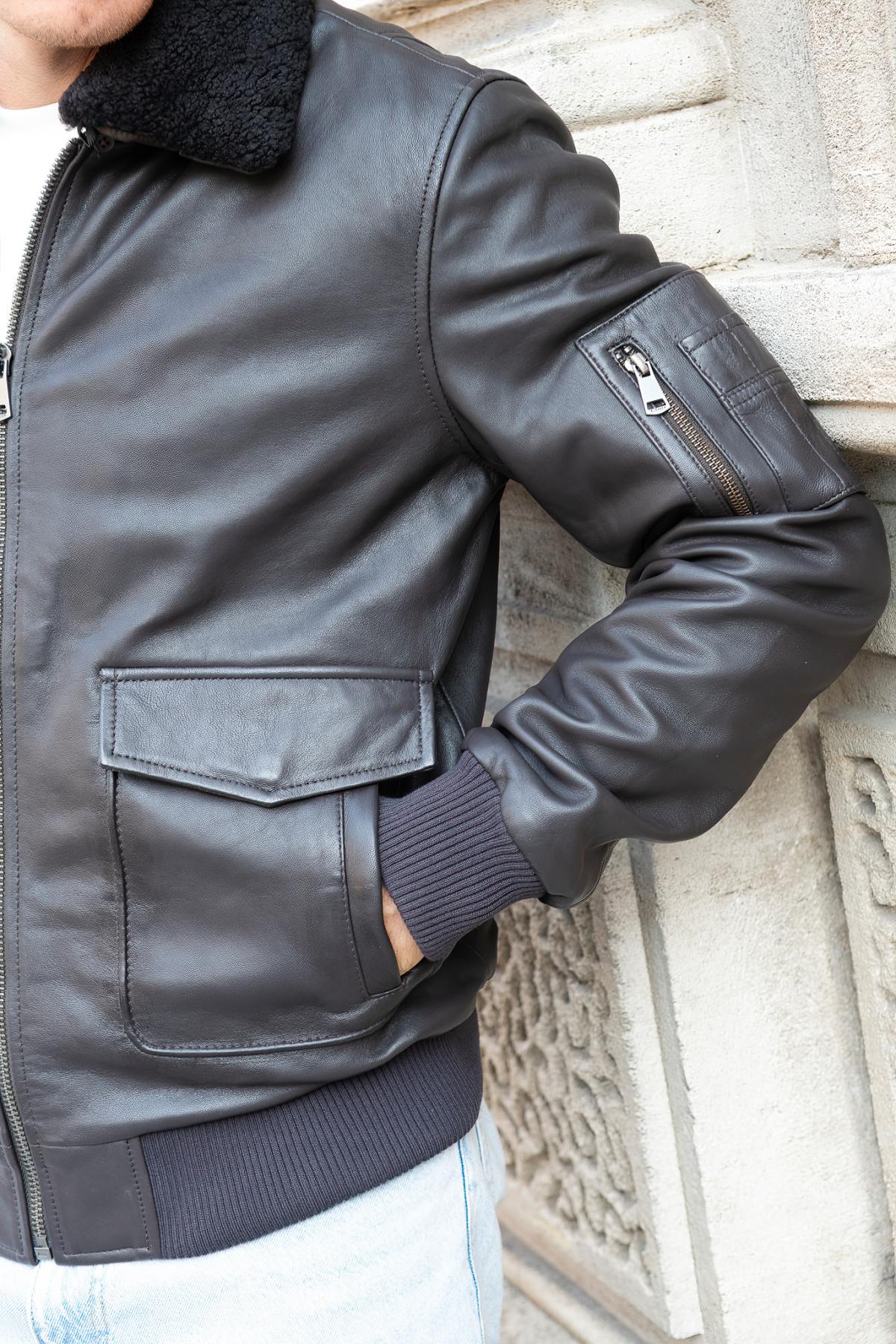 Brown sheepskin aviator jacket with removable collar for all seasons. - Image n°6