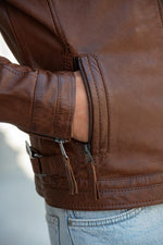 Cognac-coloured leather jacket with biker collar and skinny fit - Image n°4