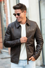 Dark brown casual thick leather jacket - Image n°2