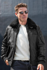 Black lambskin aviator jacket with detachable sheepskin collar. - Image n°2