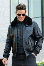 Navy lambskin aviator jacket with removable shearling collar. - Image n°1
