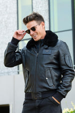 Navy lambskin aviator jacket with removable shearling collar. - Image n°3