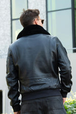 Navy lambskin aviator jacket with removable shearling collar. - Image n°4