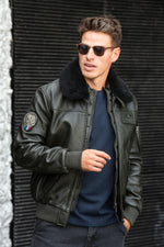 Khaki leather aviator jacket designed for the Patrouille de France - Image n°1