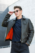 Khaki leather aviator jacket with shirt collar, Patrouille de France - Image n°1