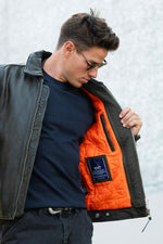 Khaki leather aviator jacket with shirt collar, Patrouille de France - Image n°3