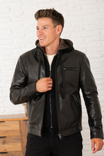 Black leather jacket with biker collar and removable cotton hood - Image n°1