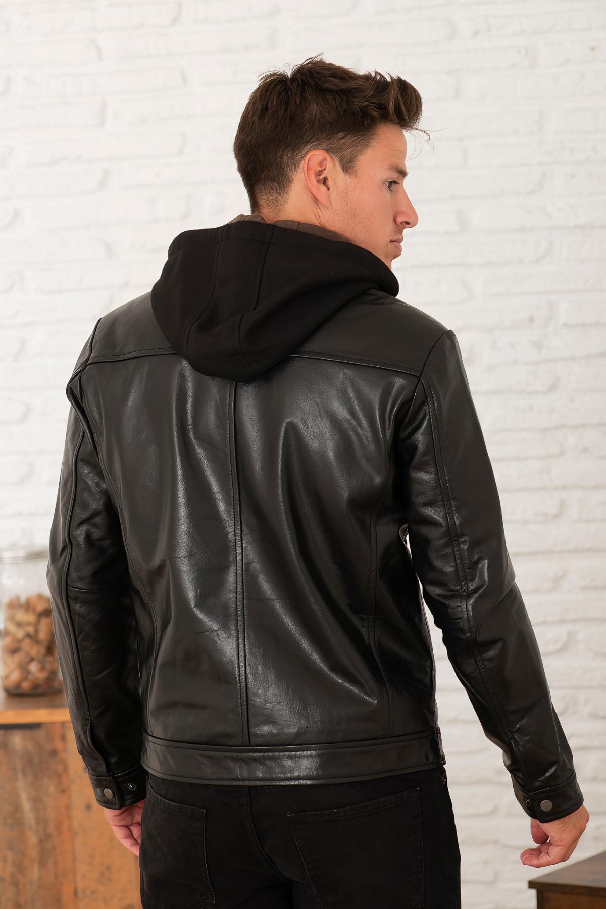 Black leather jacket with biker collar and removable cotton hood - Image n°2