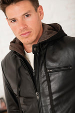 Black leather jacket with biker collar and removable cotton hood - Image n°4