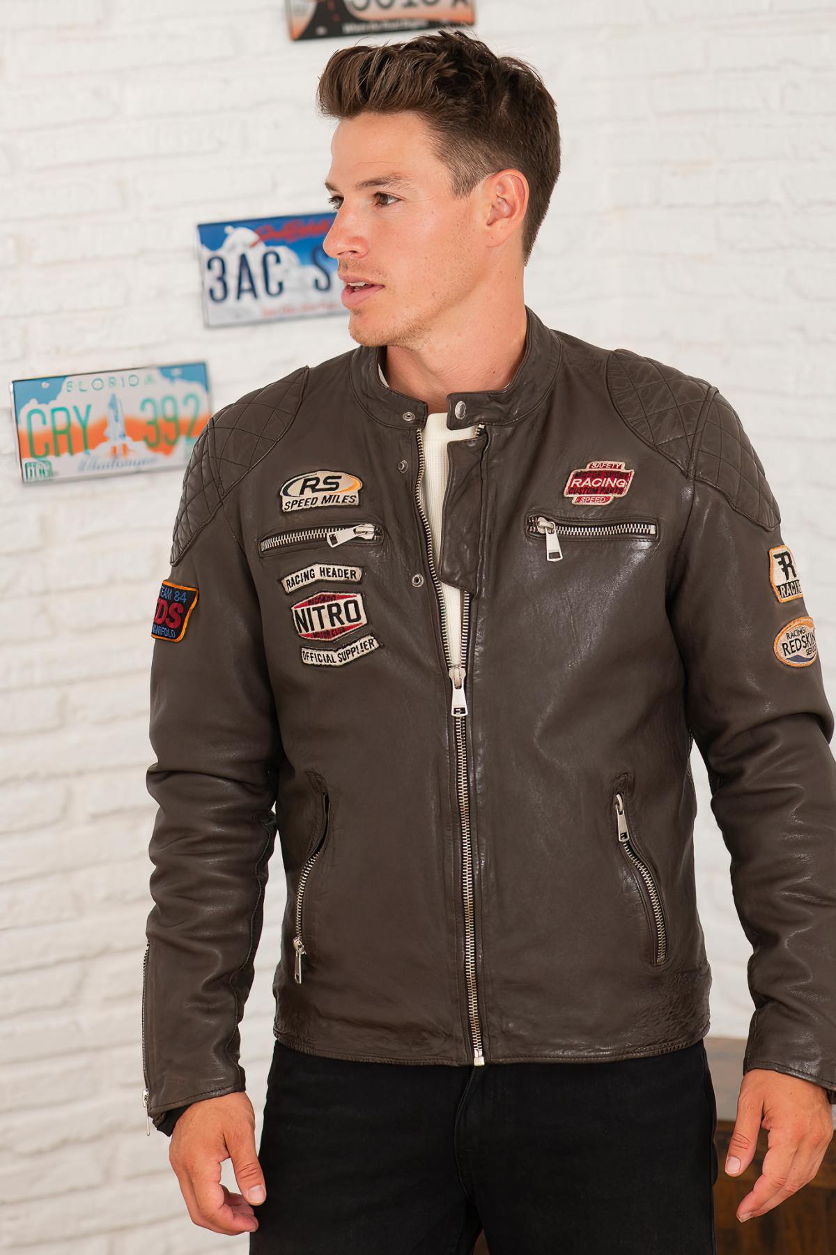 Chocolate brown racing leather jacket with patches - Image n°4