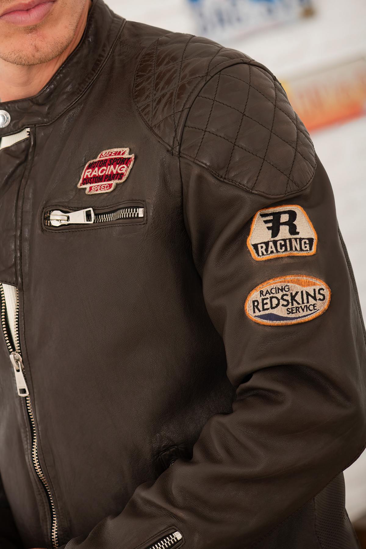 Perforated chocolate sheep leather motard jacket by Redskins. - Image n°3