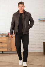 Men's brown stand-up collar leather jacket - Image n°4