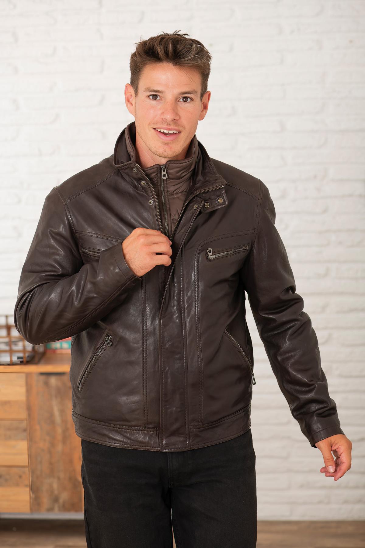 Men's brown stand-up collar leather jacket - Image n°6