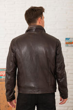Men's brown stand-up collar leather jacket - Image n°3