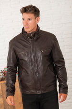 Men's brown stand-up collar leather jacket - Image n°2