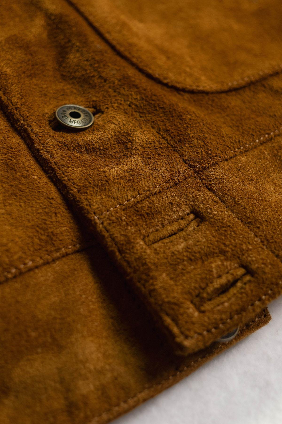 Cognac-colored buffalo suede leather jacket with shirt collar - Image n°9
