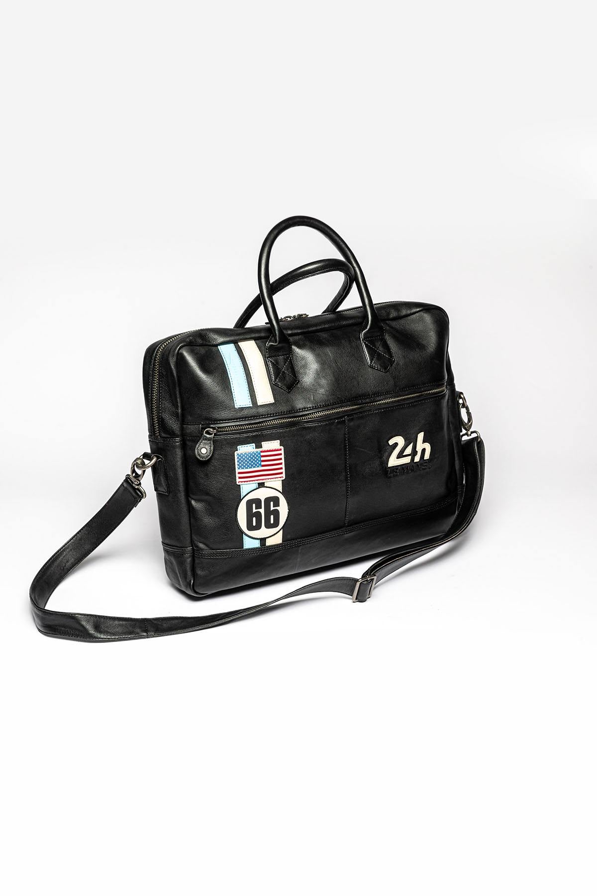 Le Mans 66 black leather messenger bag - Image n°1