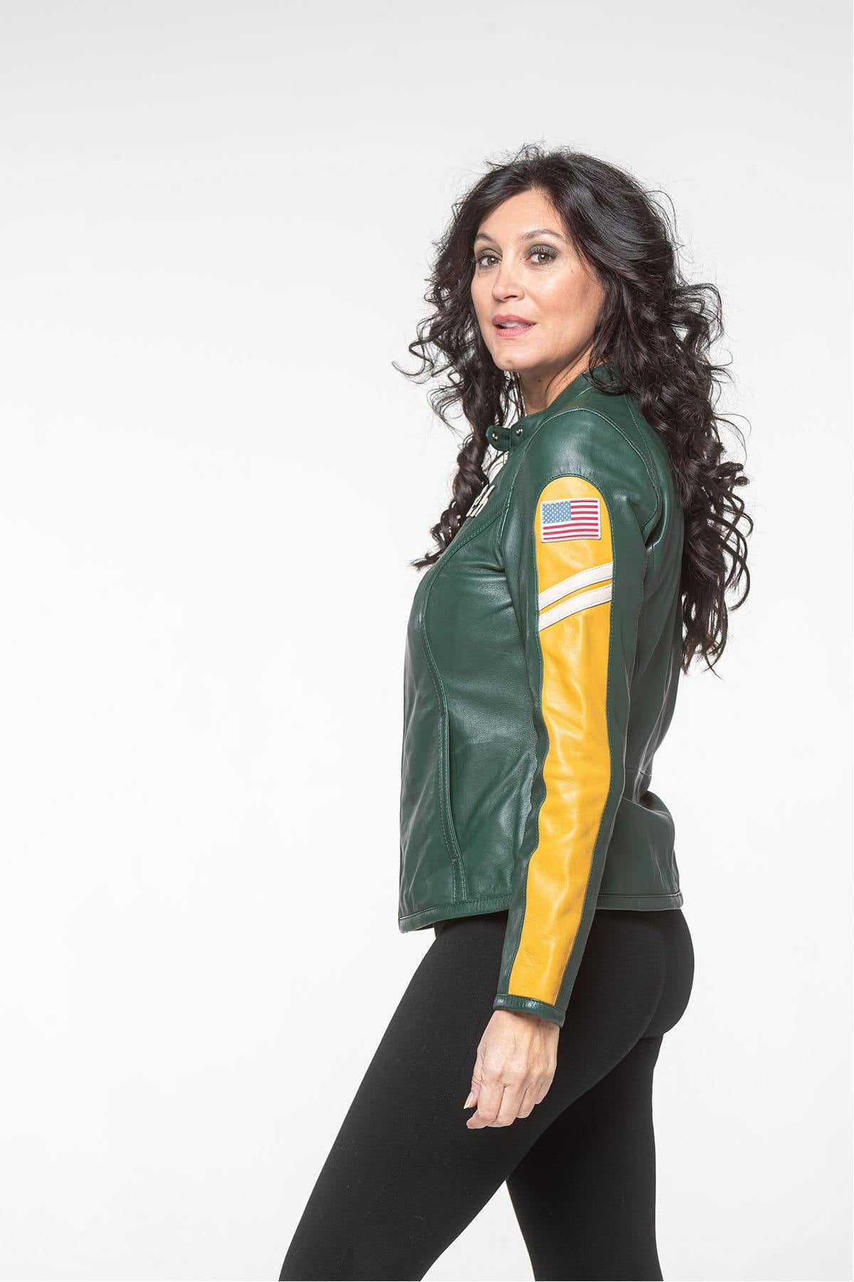 Green and yellow leather motorsport jacket - Image n°3