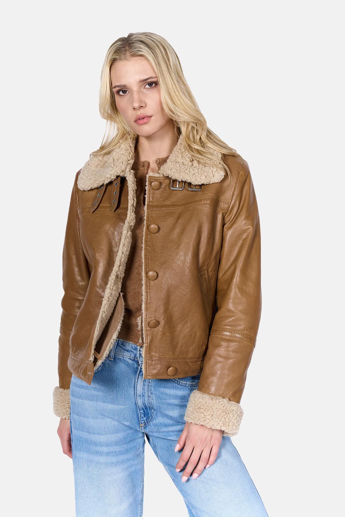 Cosy cognac sheepskin bomber with biker edge for all-season wear. - Image n°3