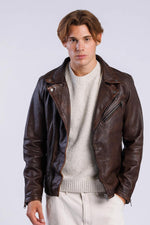Asymmetrical brown leather biker jacket - Image n°2