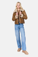 Cosy cognac sheepskin bomber with biker edge for all-season wear. - Image n°5
