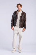 Asymmetrical brown leather biker jacket - Image n°4