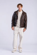 Asymmetrical brown leather biker jacket - Image n°4