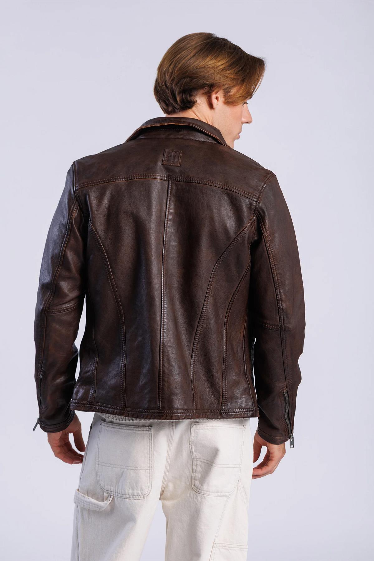 Asymmetrical brown leather biker jacket - Image n°3