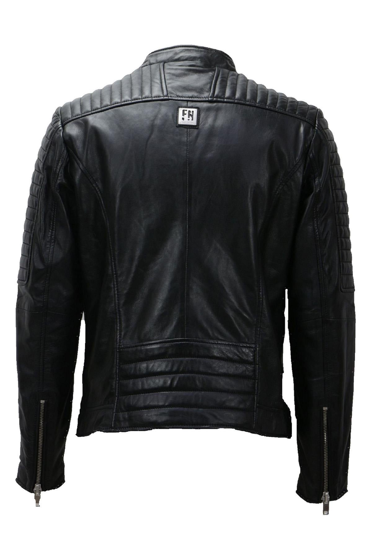 Black lambskin biker jacket by Freaky Nation. Asymmetric zip for edge. - Image n°9