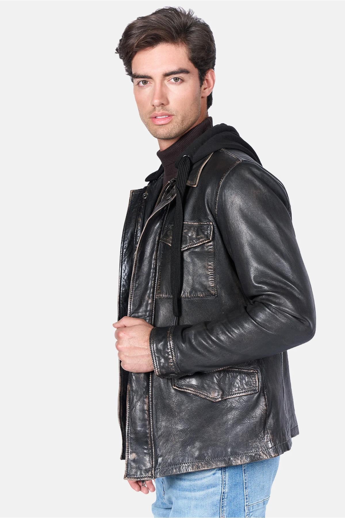 Distressed black leather jacket with cotton hood - Image n°5