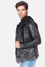 Distressed black leather jacket with cotton hood - Image n°5