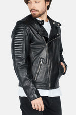 Black lambskin biker jacket by Freaky Nation. Asymmetric zip for edge. - Image n°7