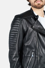Black lambskin biker jacket by Freaky Nation. Asymmetric zip for edge. - Image n°5