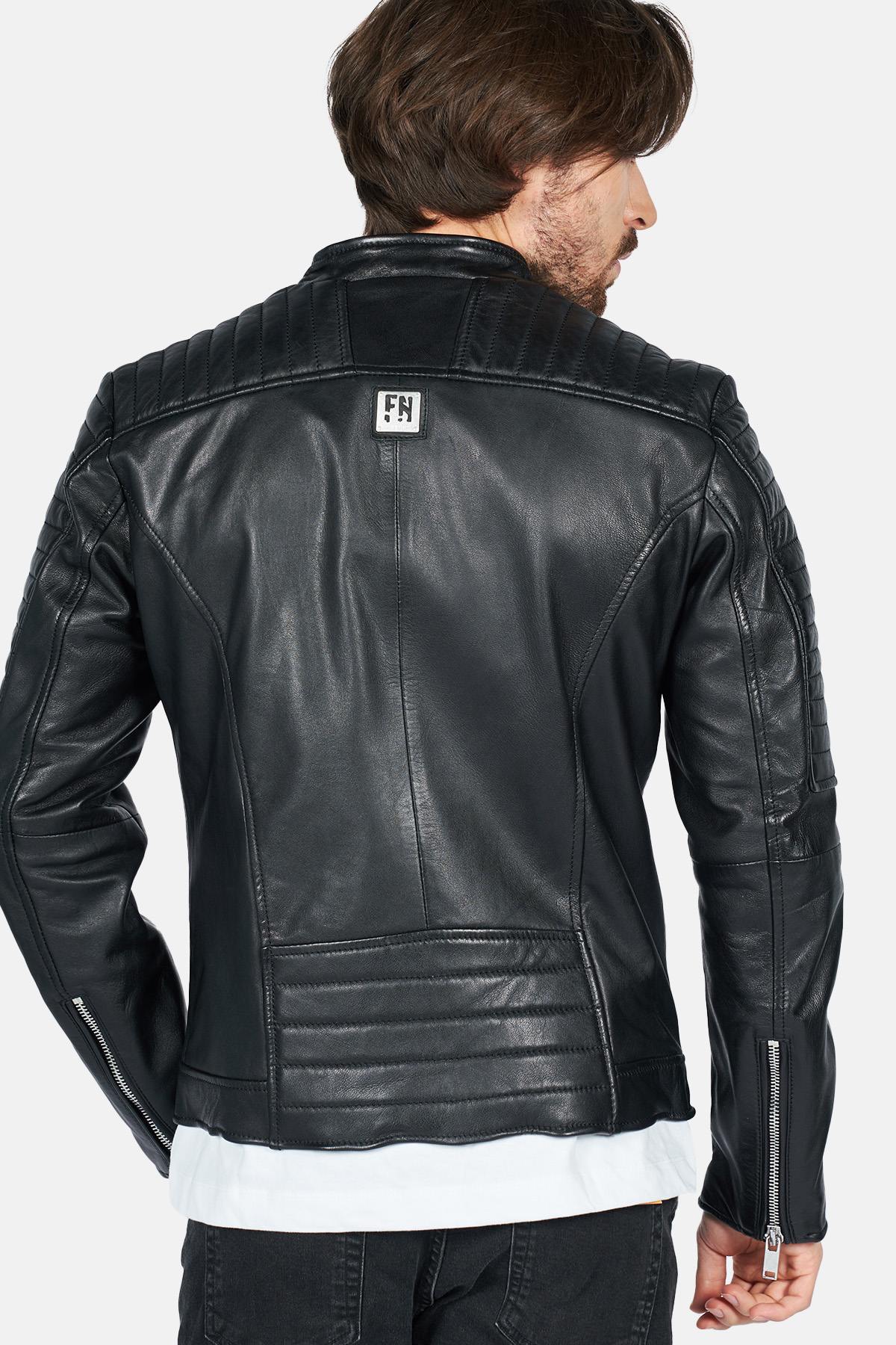 Black lambskin biker jacket by Freaky Nation. Asymmetric zip for edge. - Image n°6