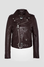 Schott's plum lambskin Perfecto: cropped, fitted, and iconic. - Image n°1