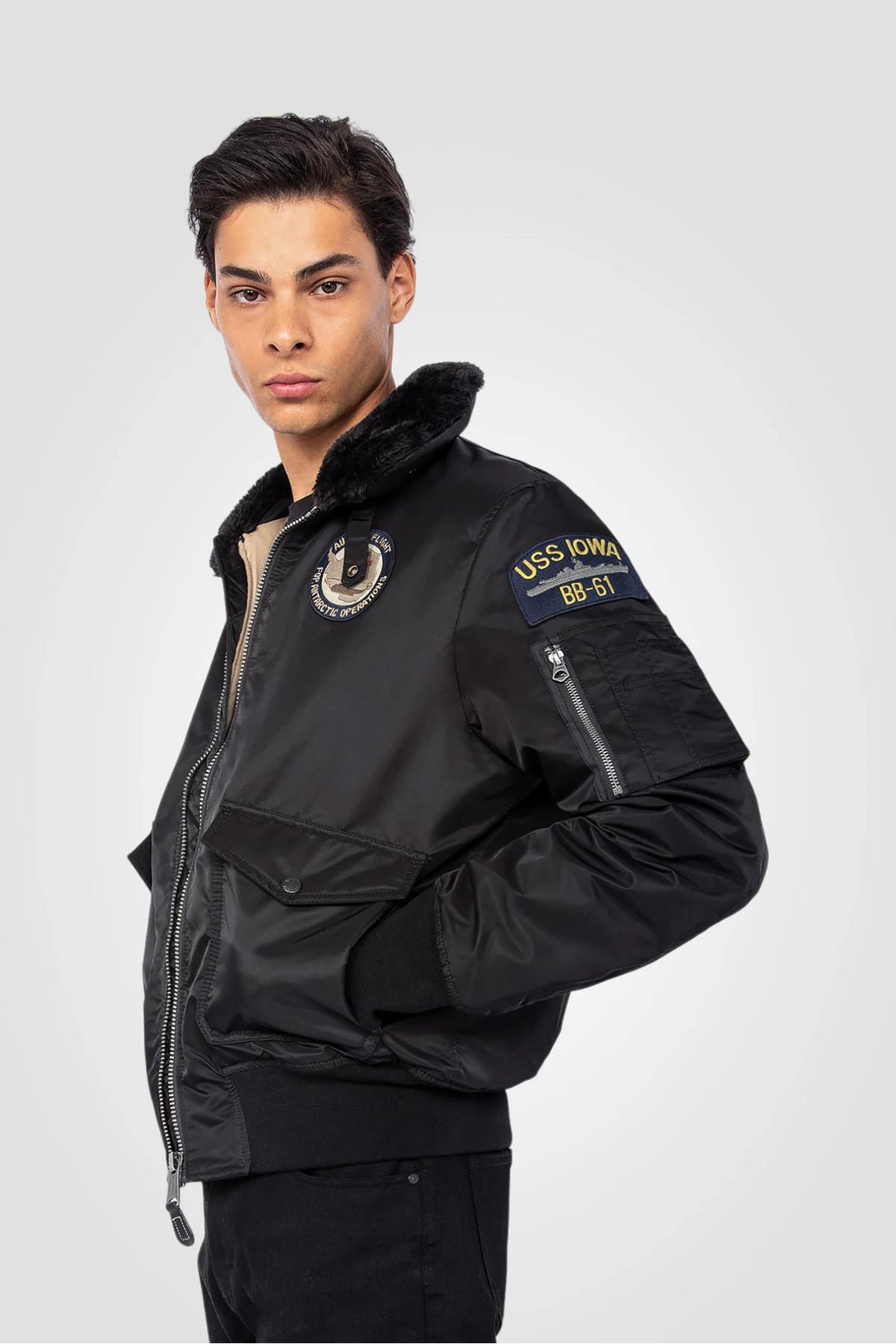 Black recycled nylon B-15 bomber jacket - Image n°1