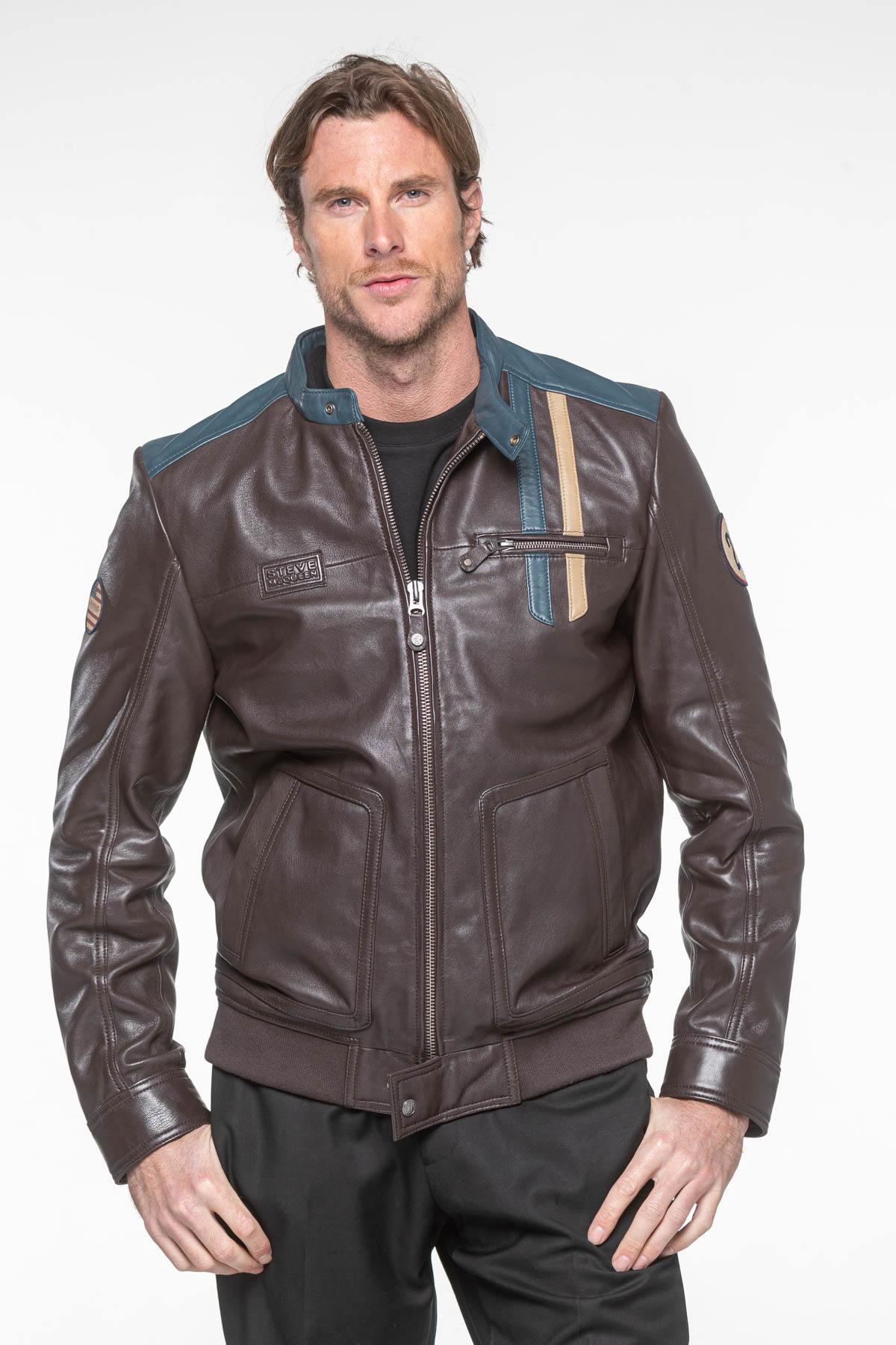 Dark brown sheepskin jacket, lightweight and supple. Le Mans-inspired. - Image n°1
