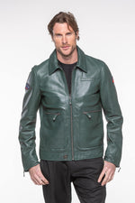 Fir green leather shirt collar jacket - Image n°6