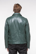 Fir green leather shirt collar jacket - Image n°7