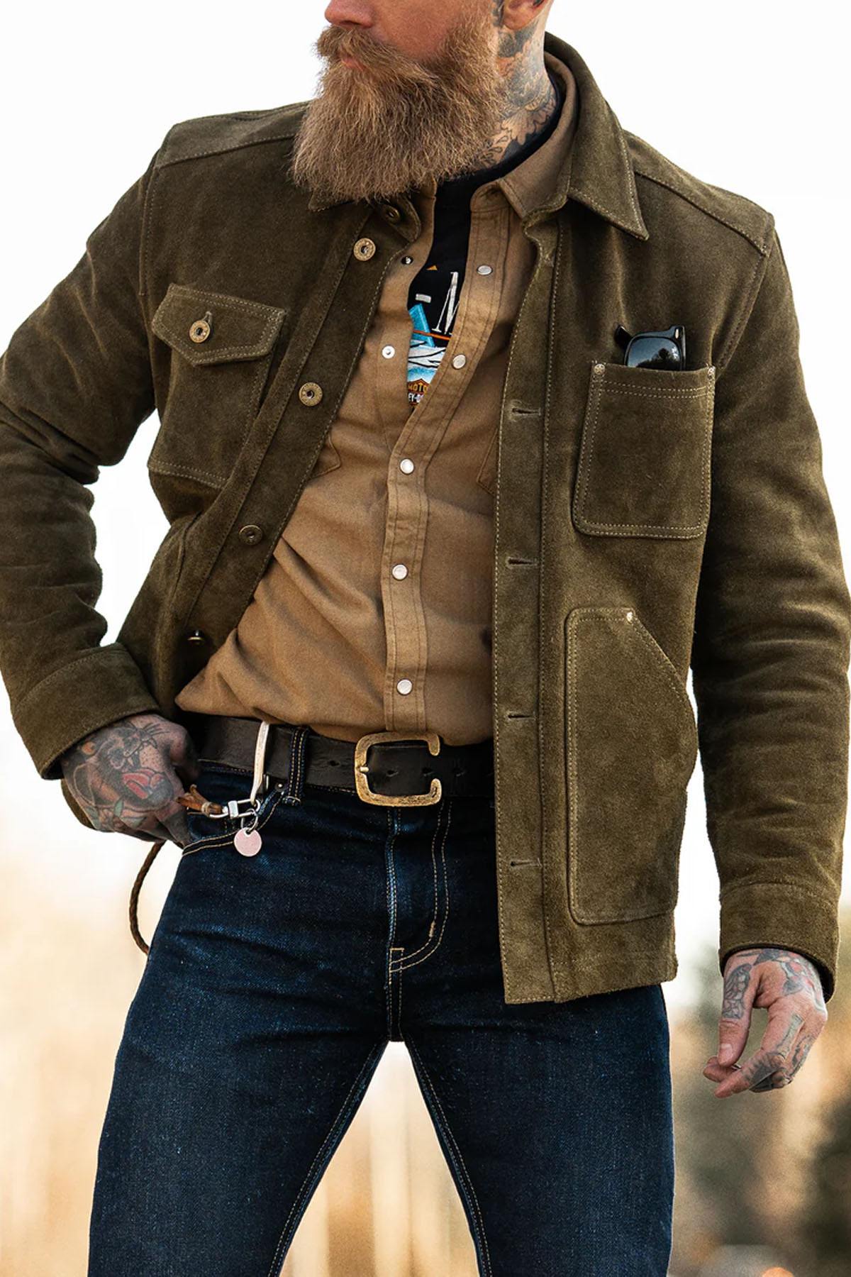 Olive suede cowhide field jacket, unlined and durable. Ages gracefully with wear. - Image n°1