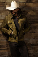Olive suede cowhide field jacket, unlined and durable. Ages gracefully with wear. - Image n°12