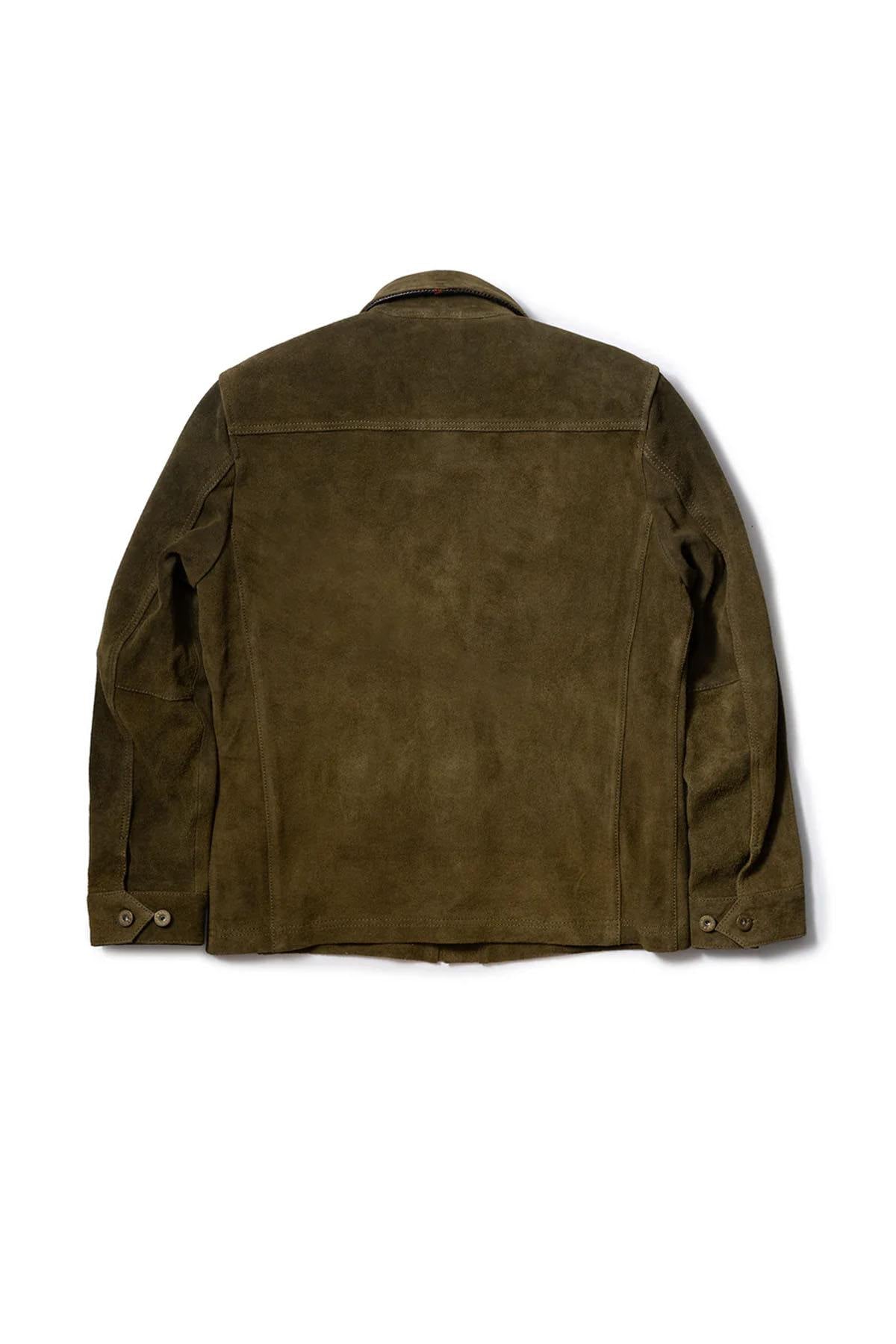 Olive suede cowhide field jacket, unlined and durable. Ages gracefully with wear. - Image n°10