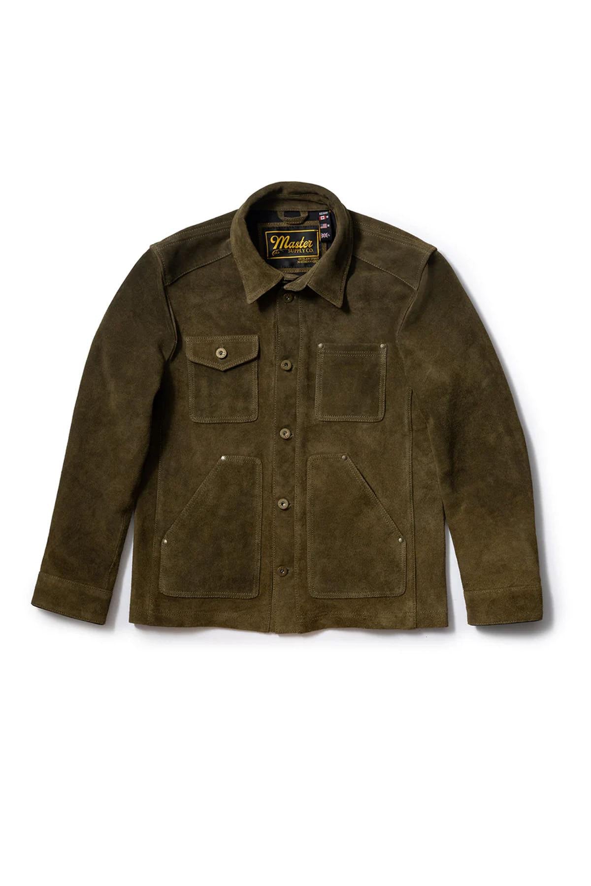 Olive suede cowhide field jacket, unlined and durable. Ages gracefully with wear. - Image n°8