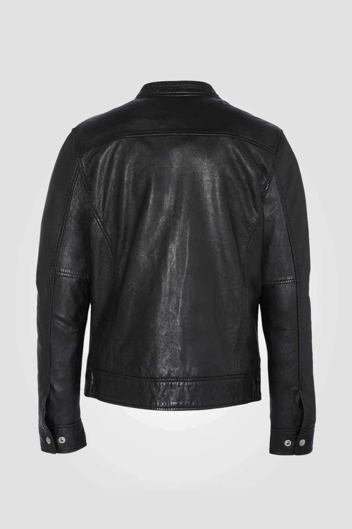 Black leather jacket with biker collar - Image n°3