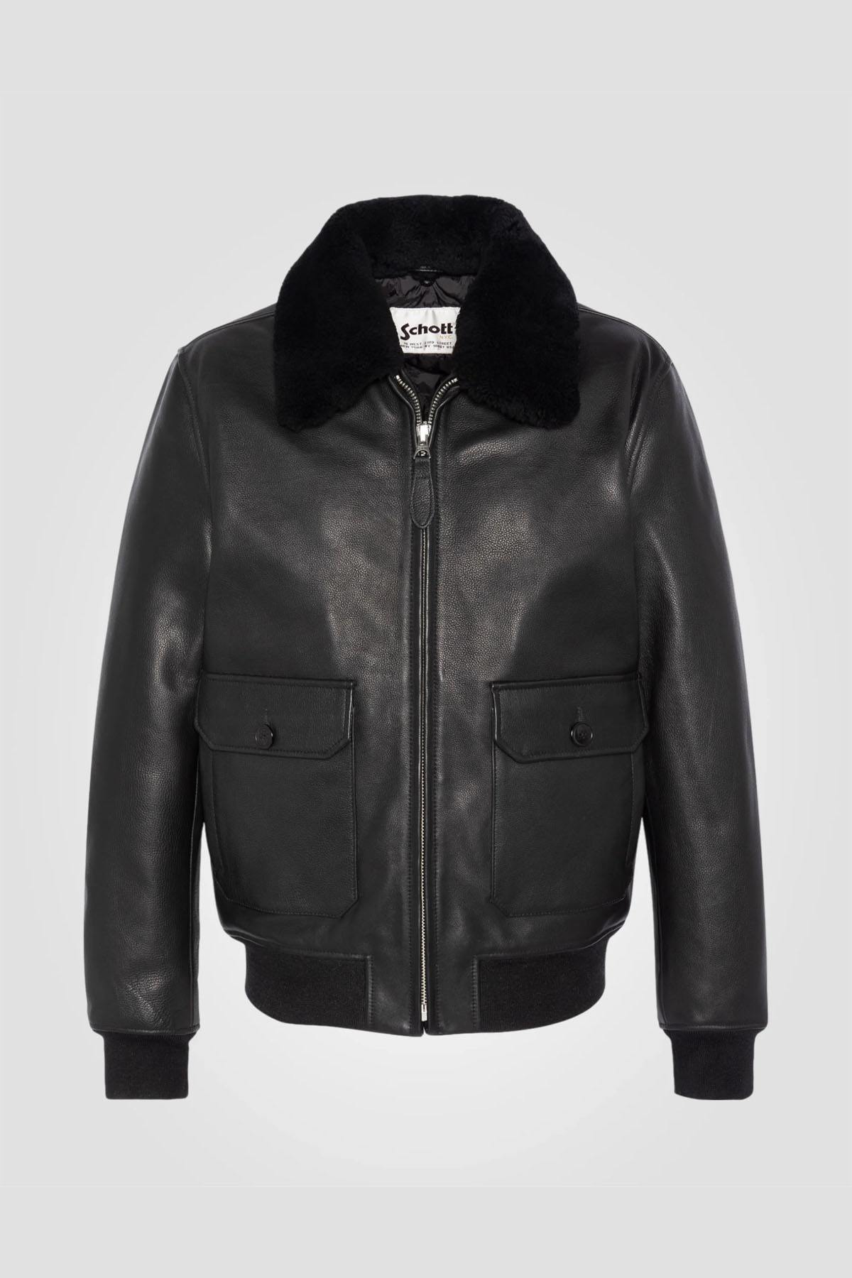 Black cowhide leather pilot jacket with removable sheepskin collar - Image n°1