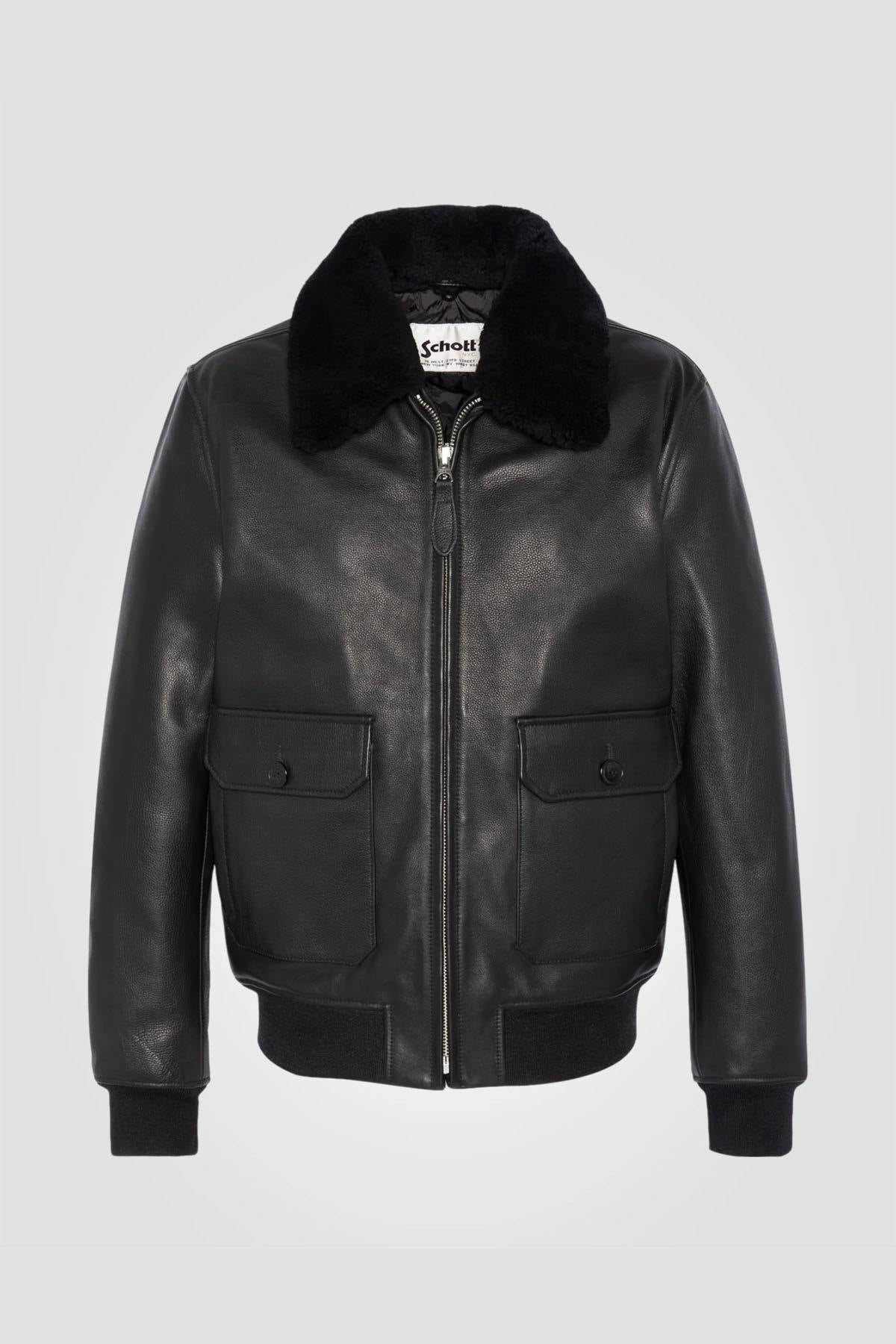 Black cowhide leather pilot jacket with removable sheepskin collar - Image n°1