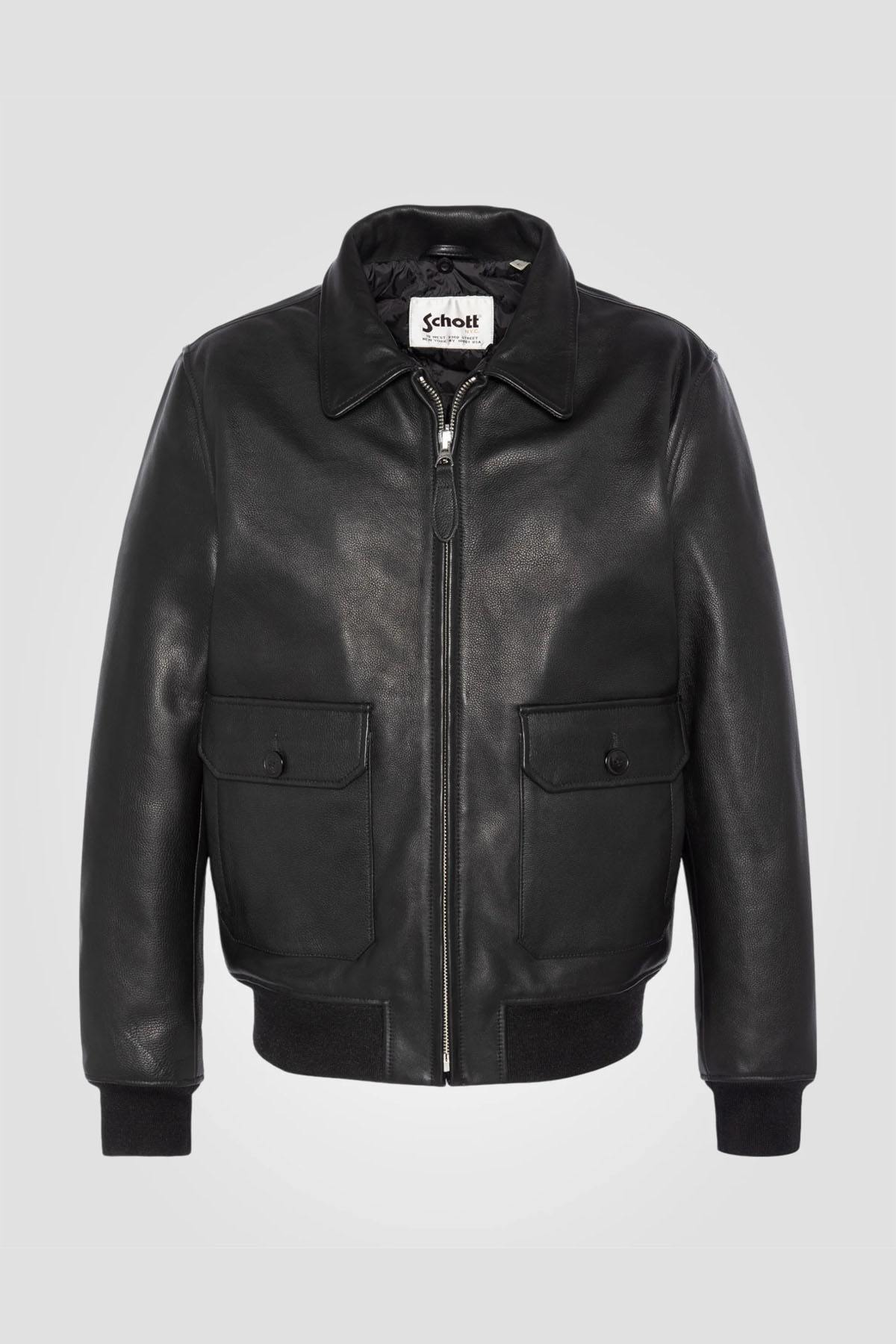 Black cowhide leather pilot jacket with removable sheepskin collar - Image n°2