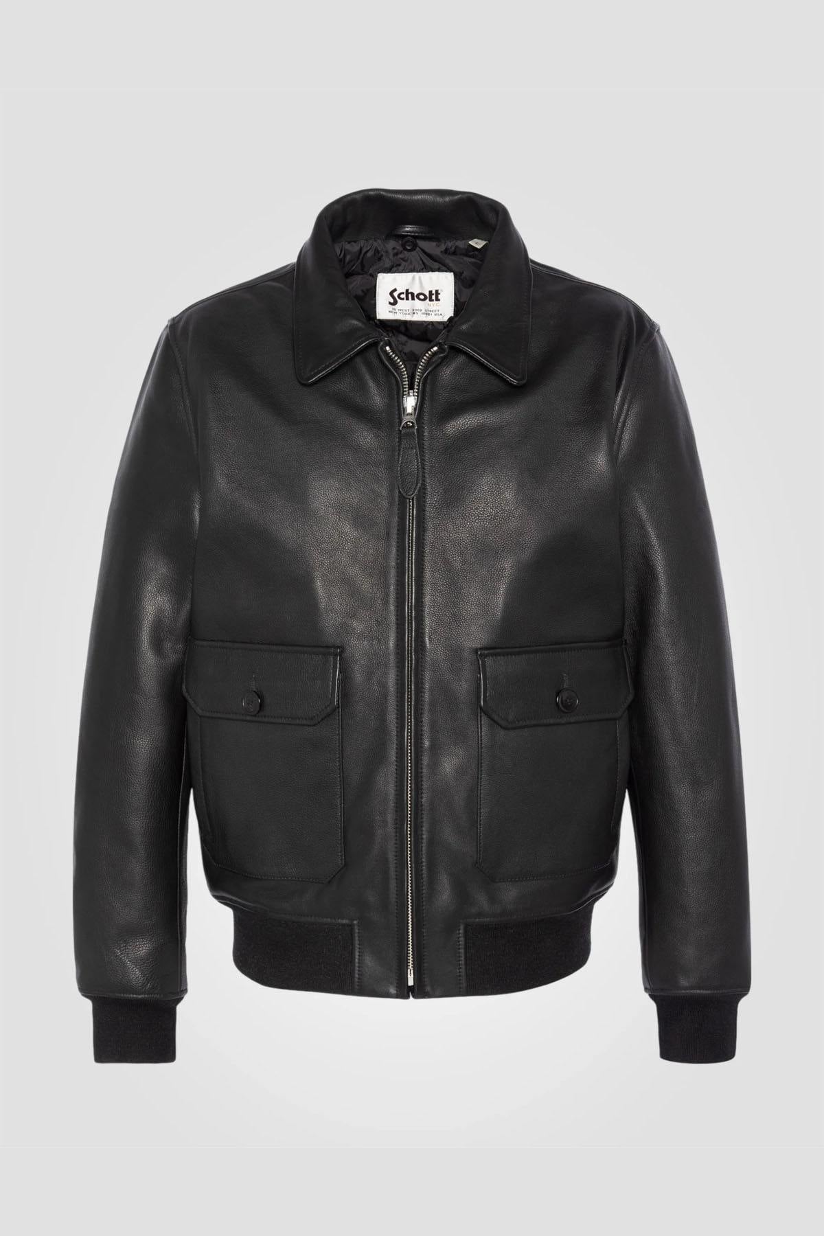 Black cowhide leather pilot jacket with removable sheepskin collar - Image n°2