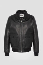 Black cowhide leather pilot jacket with removable sheepskin collar - Image n°2