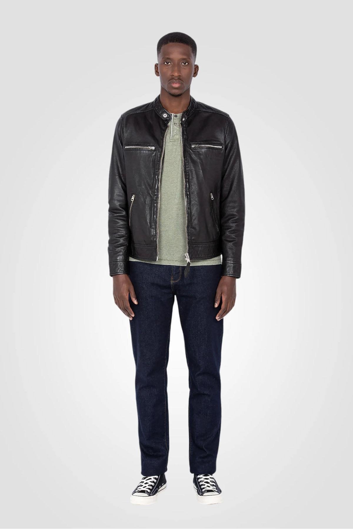 Black leather jacket with biker collar - Image n°4